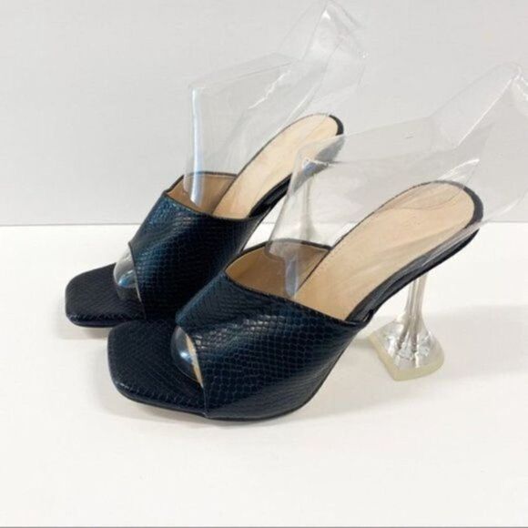 Women Peep Toe Fashion Block Heels Slipper Faux Leather Shoes Pump Slip On Shoes - Picture 4 of 8